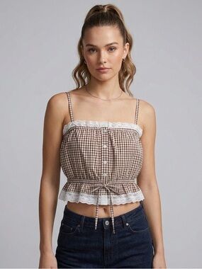Brown Gingham Lace-Trim Crop Top